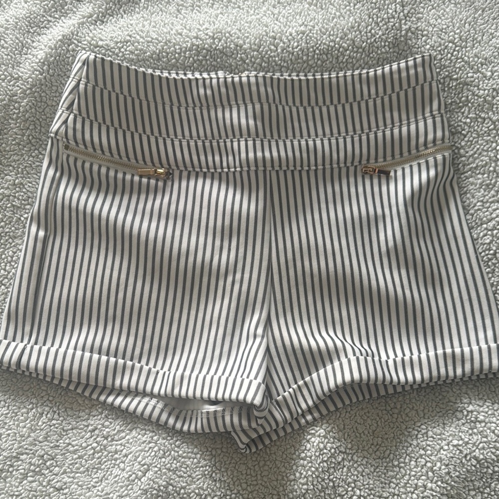 Bebe High Waist Gray and White Striped Shorts